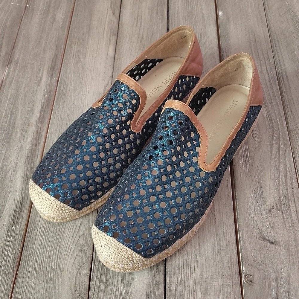 Stuart Weitzman Metallic Blue Glitter Laser Cut County Espadrilles Size EU 40